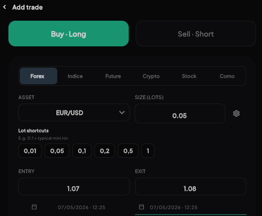 PAYCHEK — Ajouter un trade : saisie Buy/Long, actif, lots, entrée et sortie